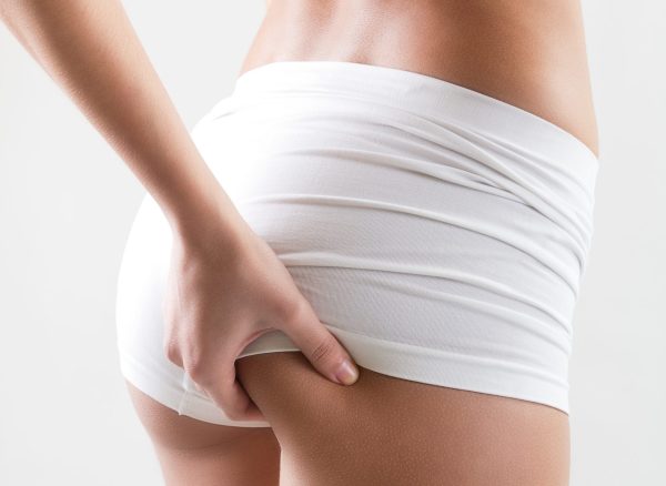 Portrait of attractive woman with perfect body checking cellulite on her buttocks